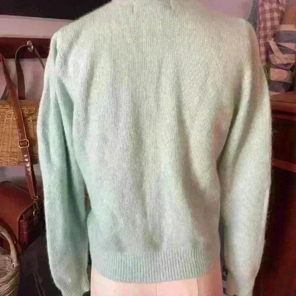 Vintage Pastel Mint Wool & Angora Cable Cardigan - Picture 3 of 10